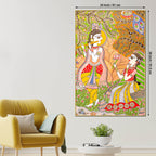 Lord Krishna Playing Flute Under Tree with Shree Radha Folk Art Canvas Wall Painting
