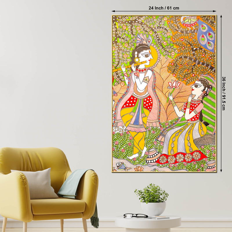 Lord Krishna Playing Flute Under Tree with Shree Radha Folk Art Canvas Wall Painting
