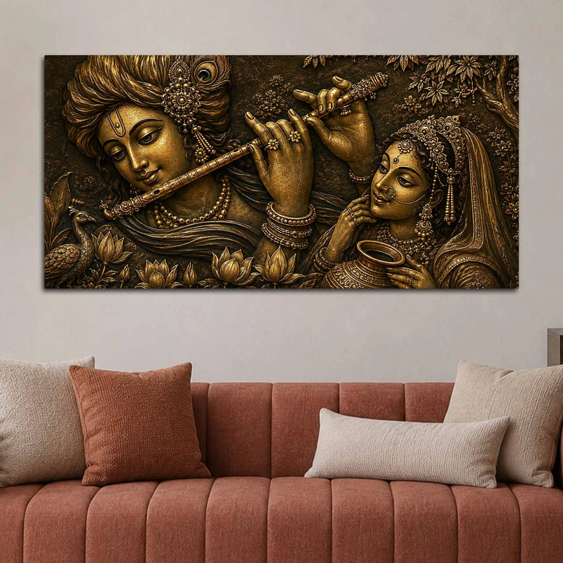 Lord Krishna Playing Flute with Shree Radha Metallic Look 3D Canvas Painting
