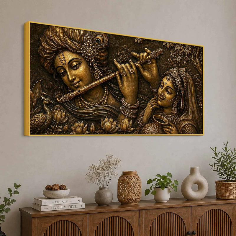 Lord Krishna Playing Flute with Shree Radha Metallic Look 3D Canvas Painting