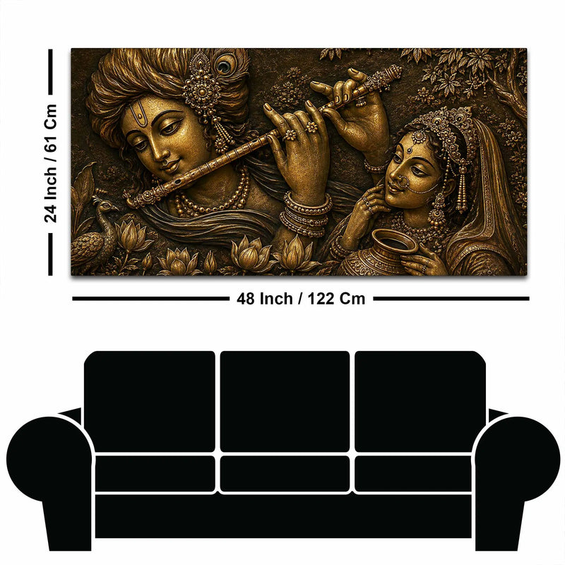 Lord Krishna Playing Flute with Shree Radha Metallic Look 3D Canvas Painting