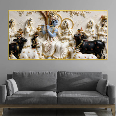 Lord Krishna Playing Flute with Shri Radha and Gopis 3D Canvas Wall Painting