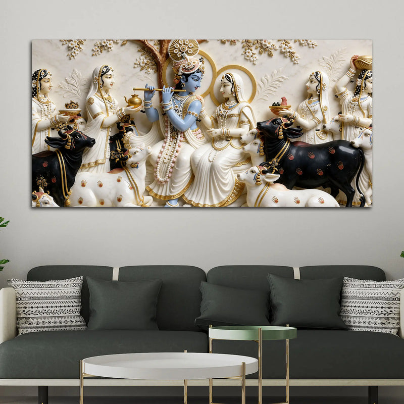 Lord Krishna Playing Flute with Shri Radha and Gopis 3D Canvas Wall Painting