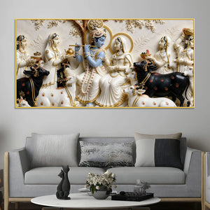 Lord Krishna Playing Flute with Shri Radha and Gopis 3D Canvas Wall Painting