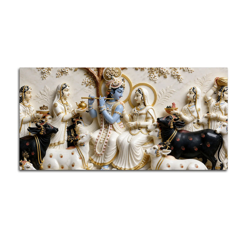 Lord Krishna Playing Flute with Shri Radha and Gopis 3D Canvas Wall Painting