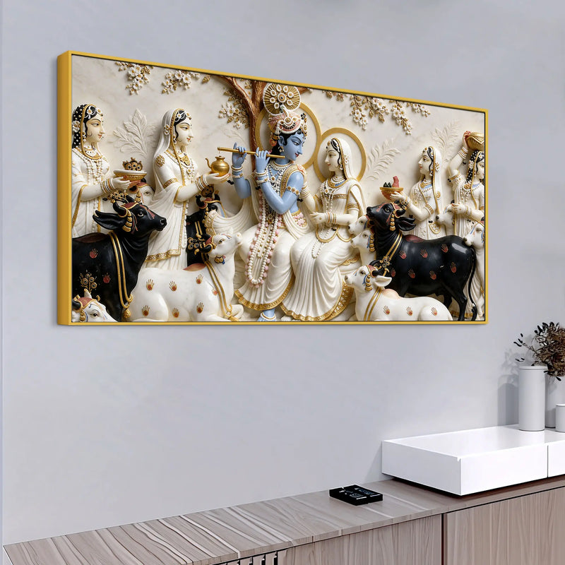 Lord Krishna Playing Flute with Shri Radha and Gopis 3D Canvas Wall Painting