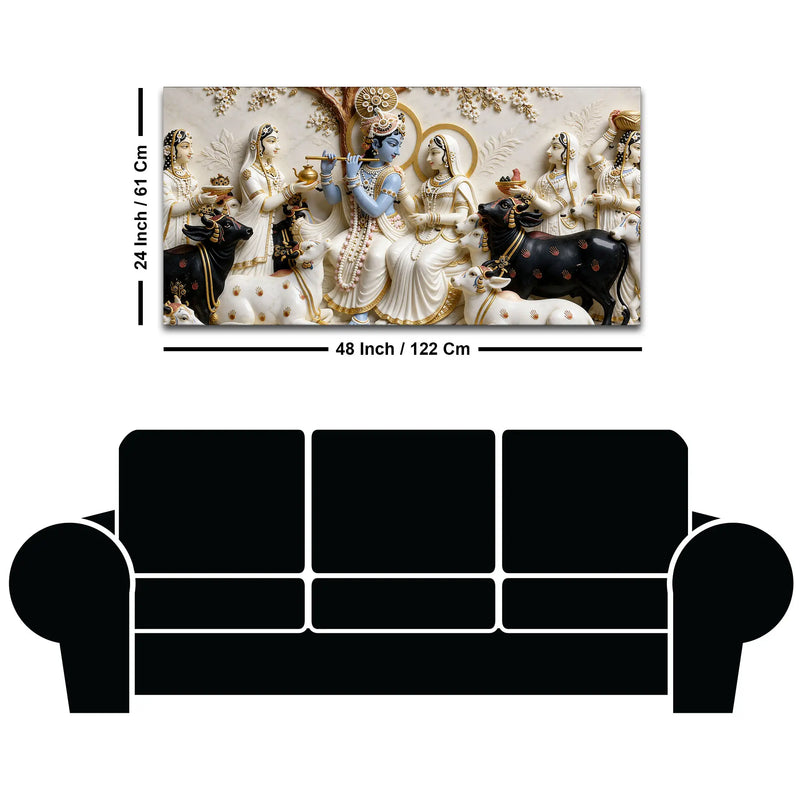 Lord Krishna Playing Flute with Shri Radha and Gopis 3D Canvas Wall Painting