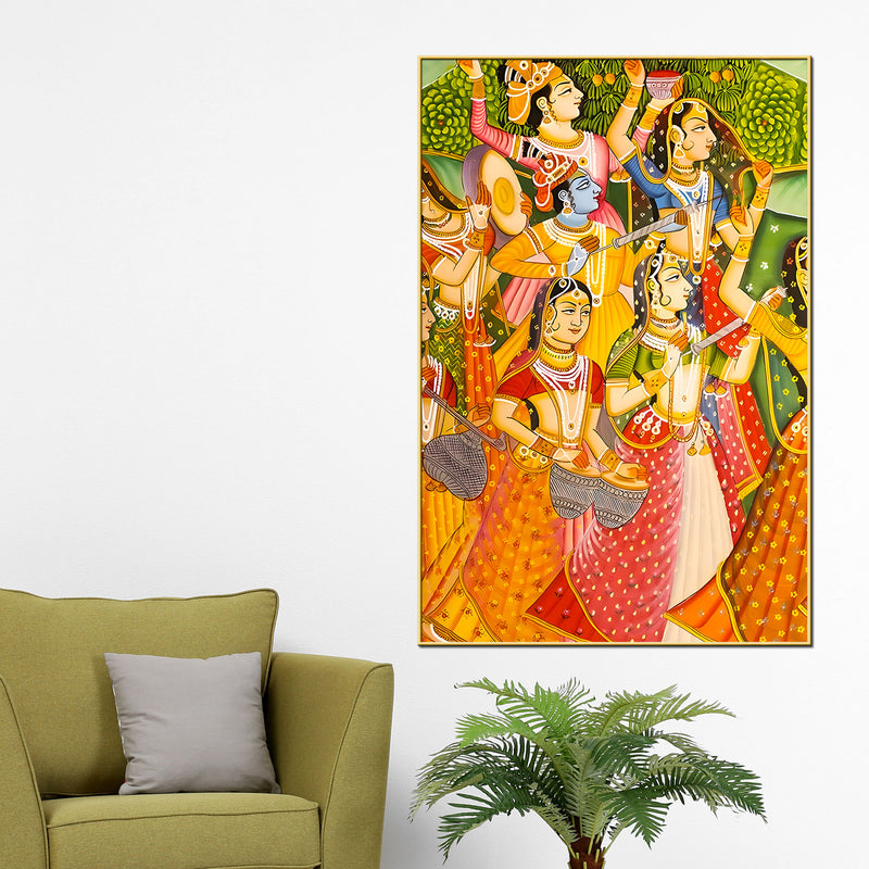 Lord Krishna Raas Leela Dance Holi Festival Folk Art Canvas Wall Painting