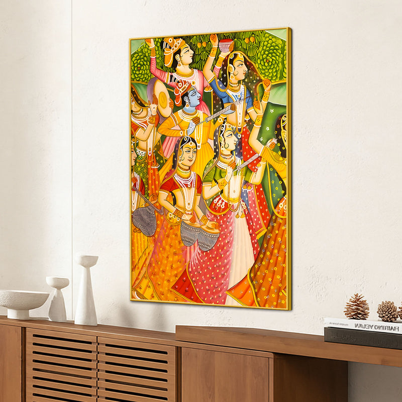 Lord Krishna Raas Leela Dance Holi Festival Folk Art Canvas Wall Painting
