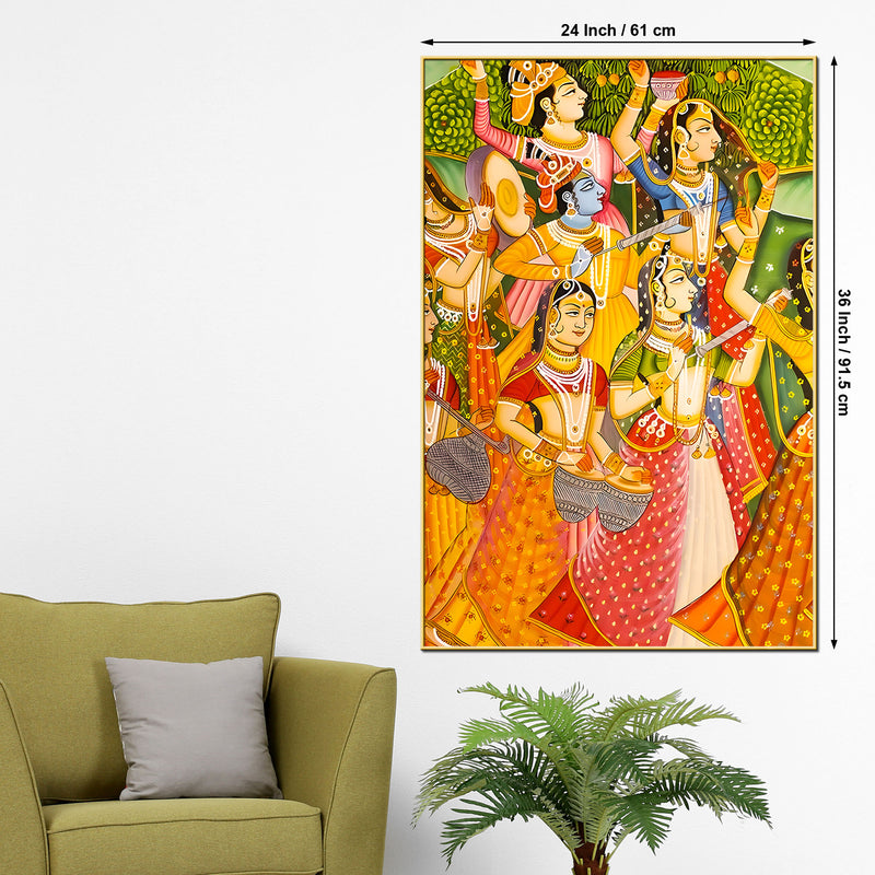 Lord Krishna Raas Leela Dance Holi Festival Folk Art Canvas Wall Painting