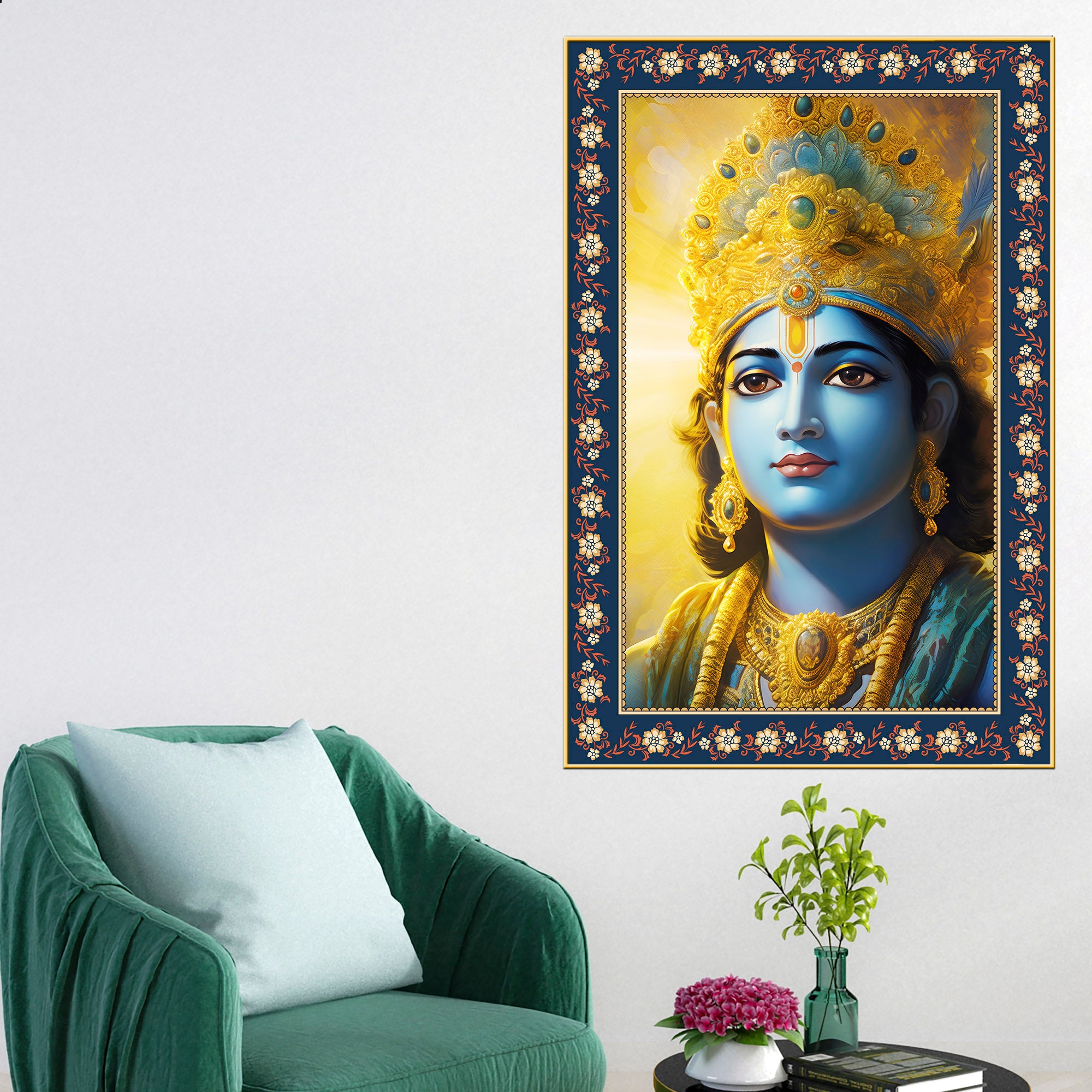 Lord Krishna Sacred and Devotion Floral Border Vertical Wall Painting