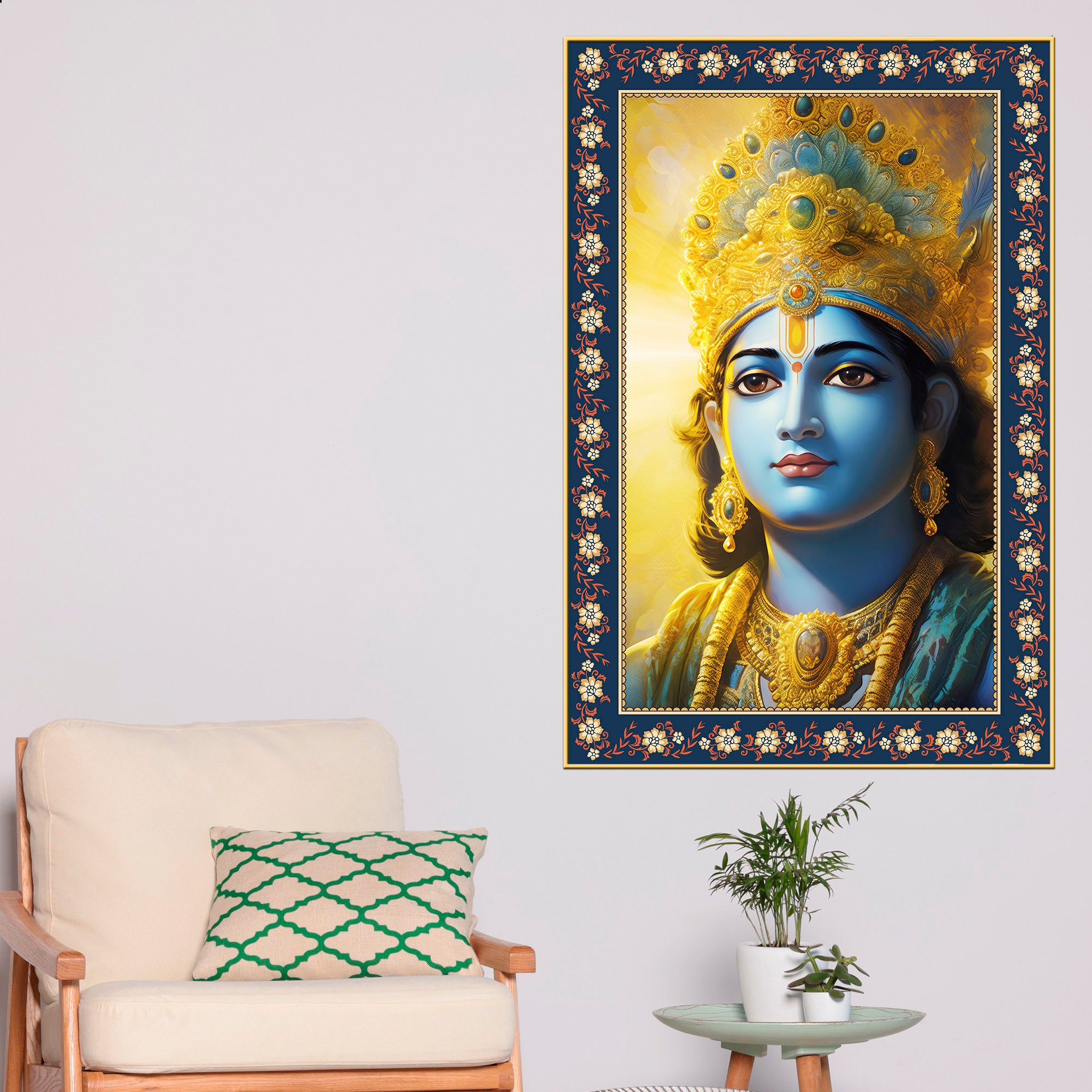 Lord Krishna Sacred and Devotion Floral Border Vertical Wall Painting