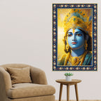Lord Krishna Sacred and Devotion Floral Border Vertical Wall Painting