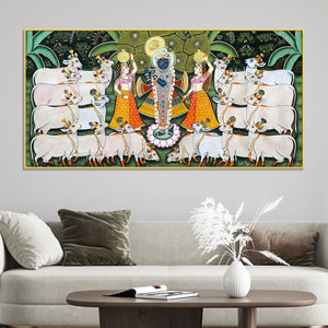 Lord Krishna Shreenathji with Gau Mata and Devotees Pichwai Canvas Wall Painting