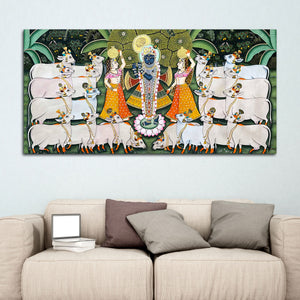 Lord Krishna Shreenathji with Gau Mata and Devotees Pichwai Canvas Wall Painting