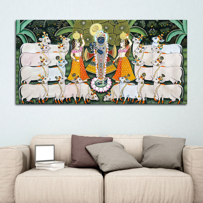 Lord Krishna Shreenathji with Gau Mata and Devotees Pichwai Canvas Wall Painting