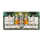 Lord Krishna Shreenathji with Gau Mata and Devotees Pichwai Canvas Wall Painting