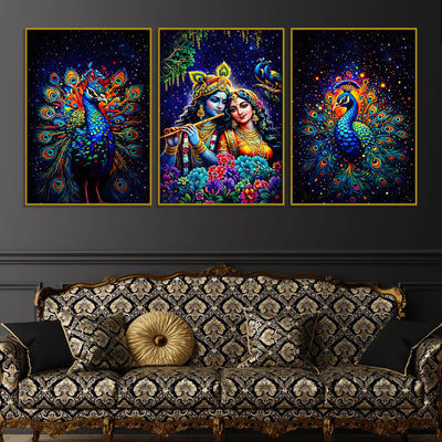 lord-krishna-shri-radha-and-peacocks-floating-frame-crystal-wall-painting-set-of-3