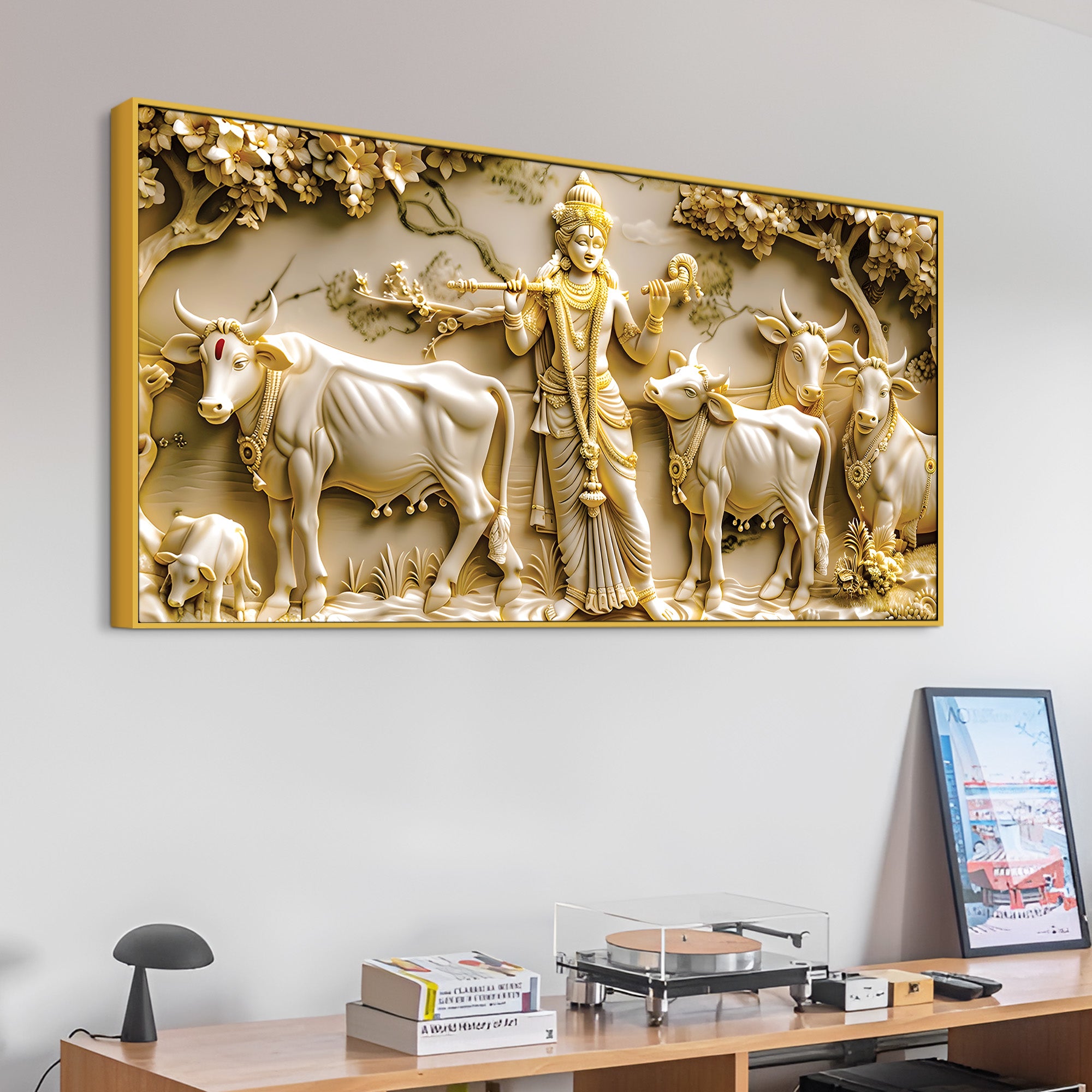 Lord Krishna with Cows Canvas Wall Painting for Living Room Decor