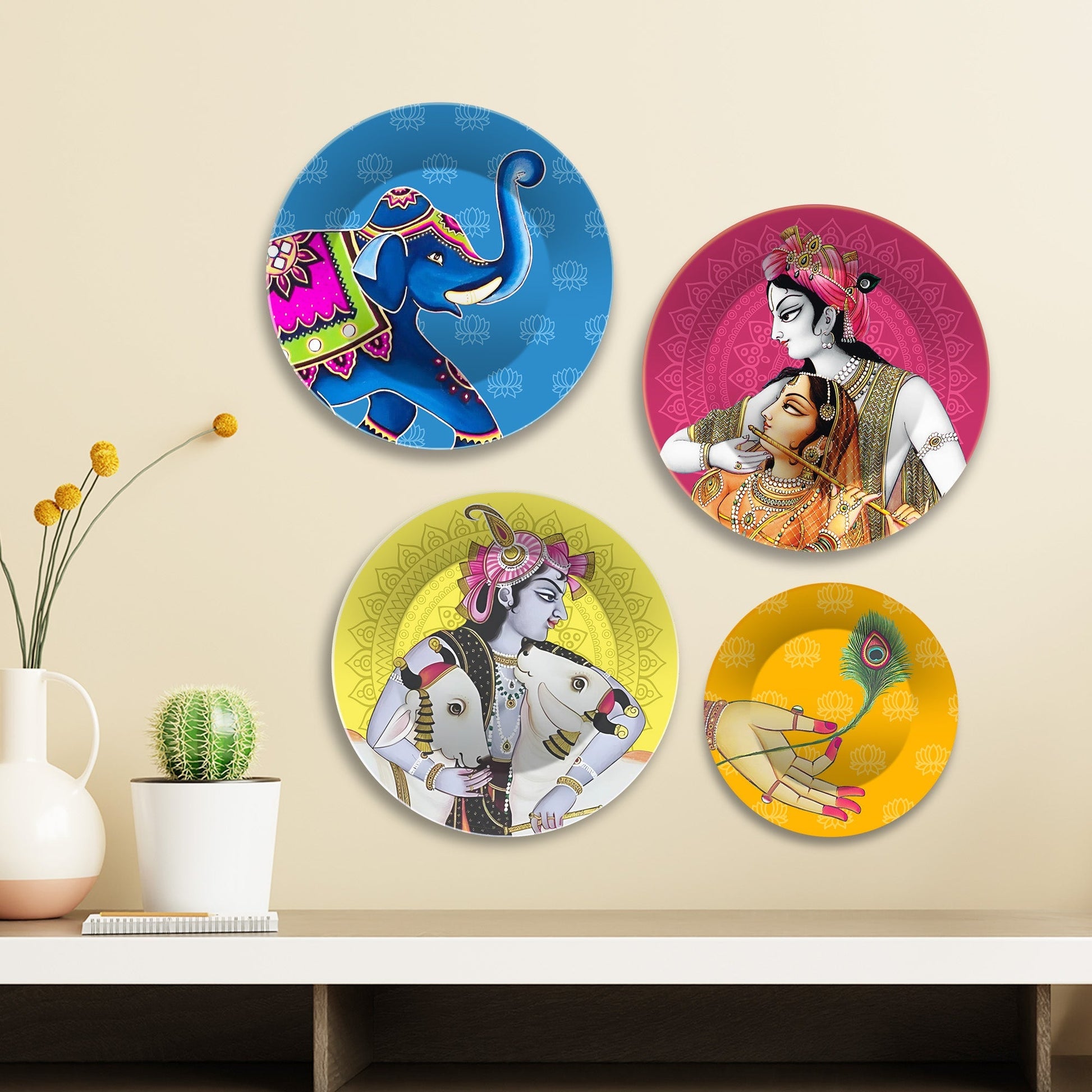 Lord Krishna with Cows Premium Wall Plates Painting Set of Four