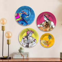 Lord Krishna with Cows Premium Wall Plates Painting Set of Four