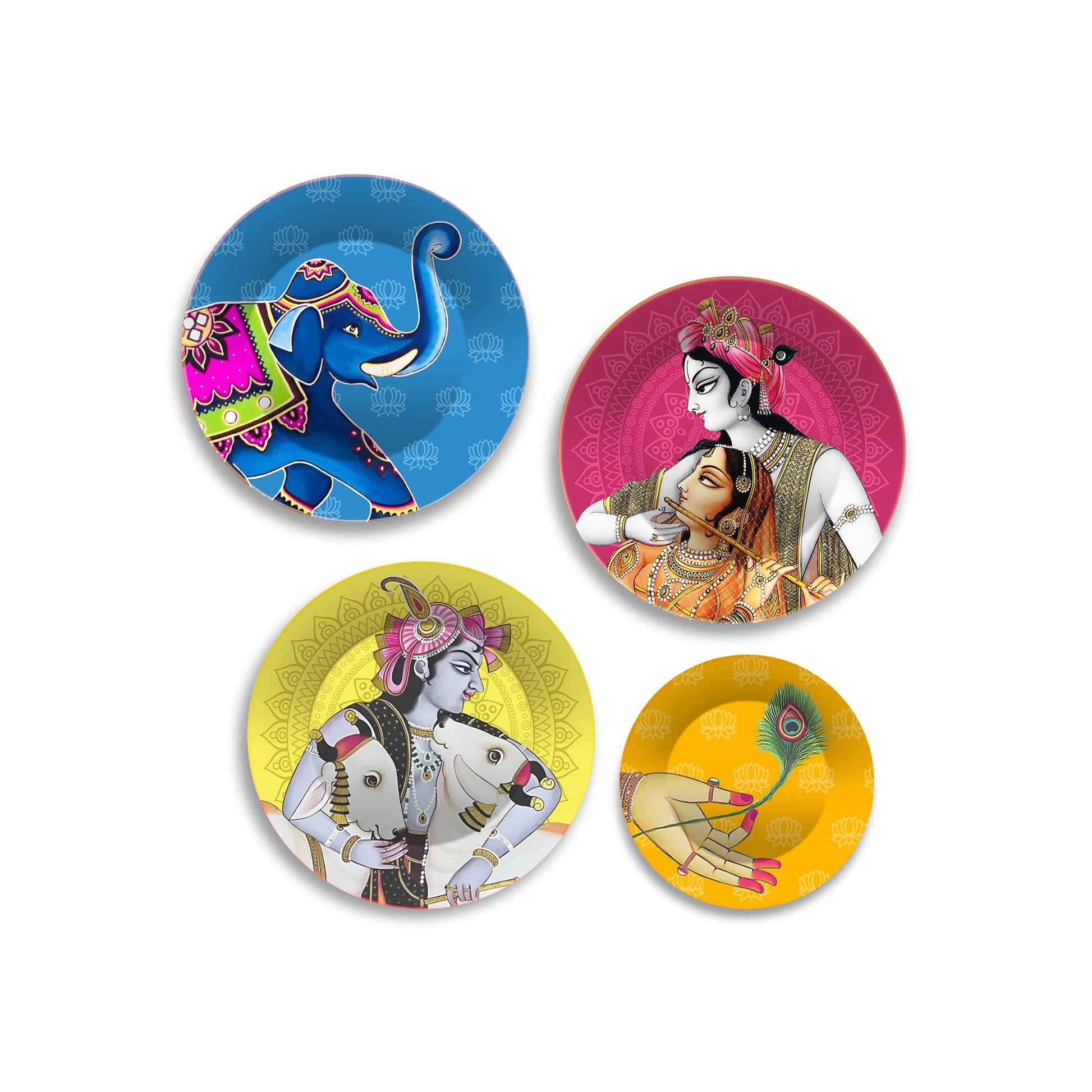 Lord Krishna with Cows Premium Wall Plates Painting Set of Four