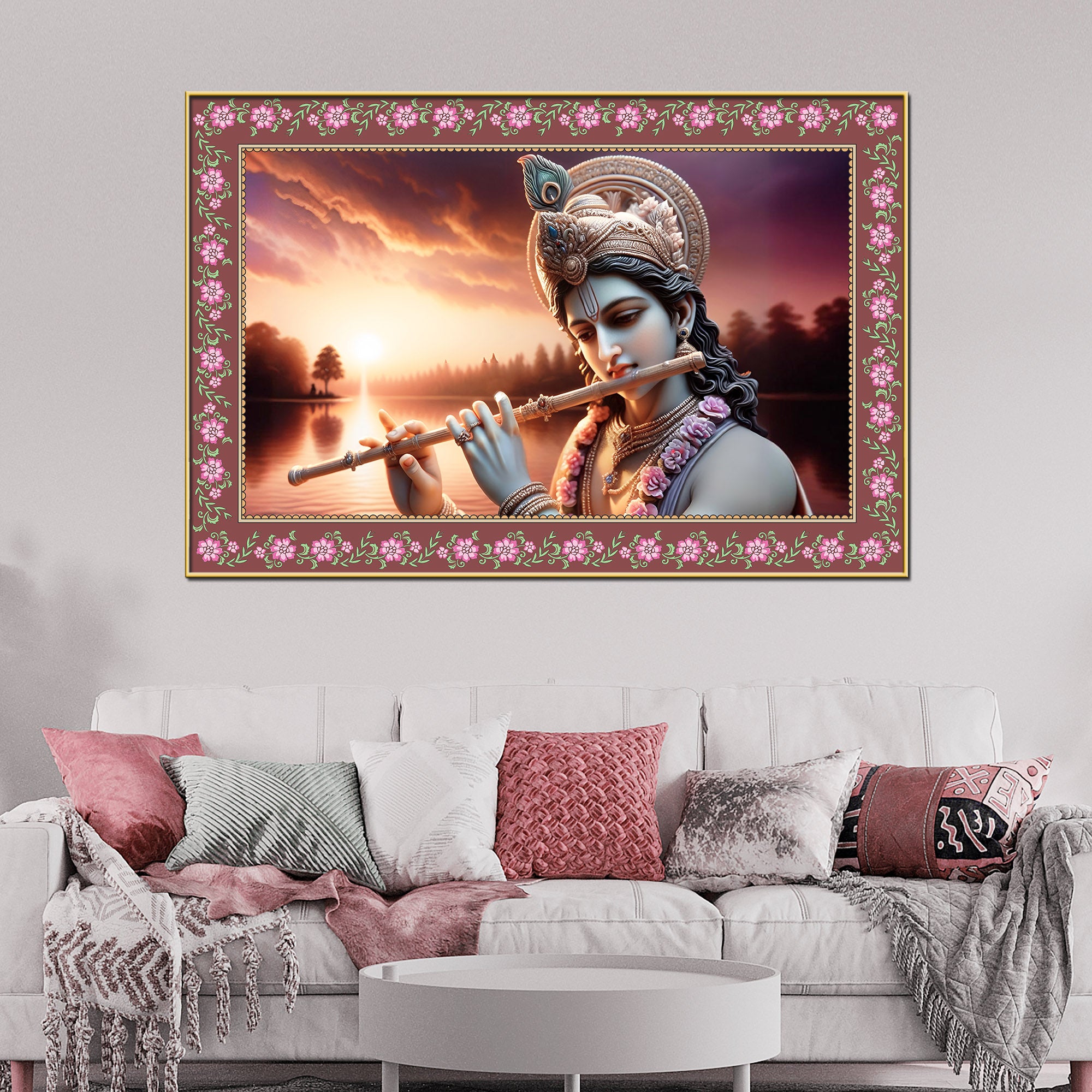Lord Krishna with Flute in Sunset Floral Border Canvas Wall Painting