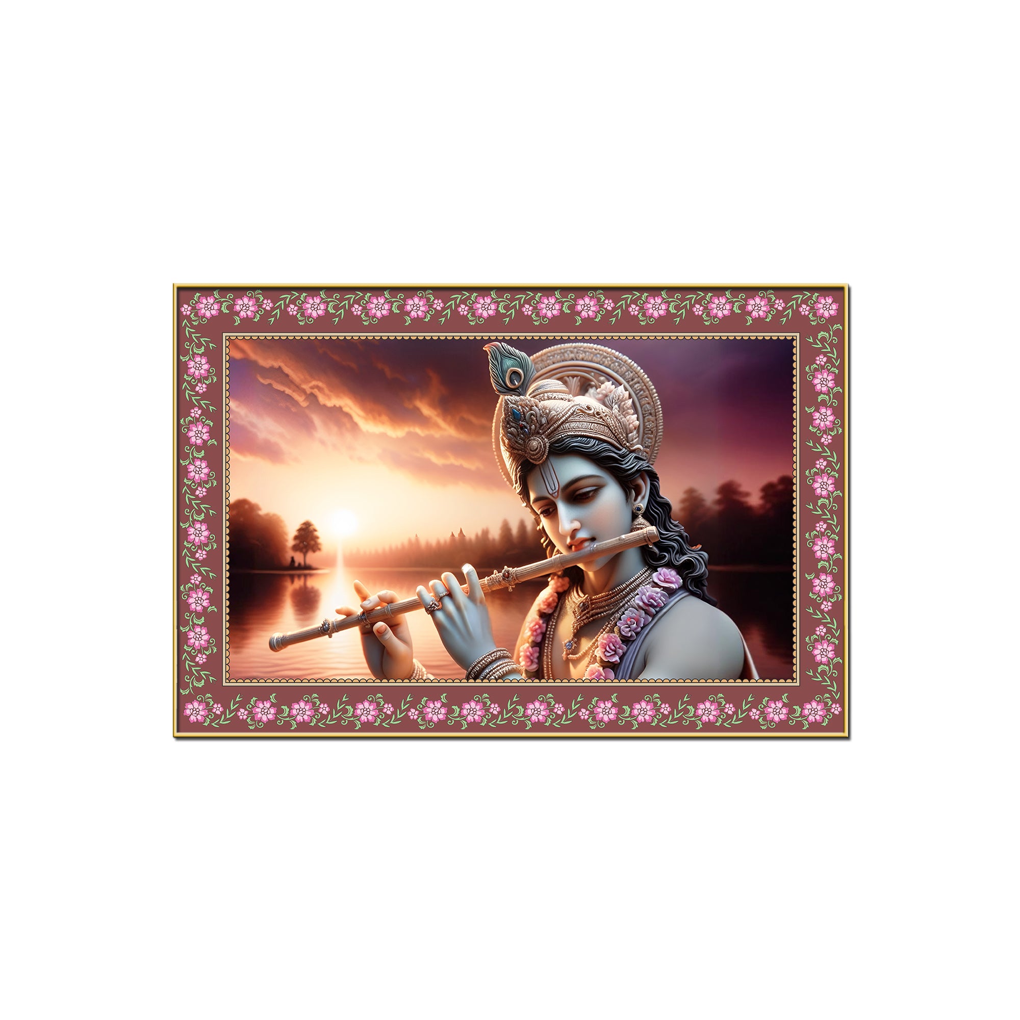 Lord Krishna with Flute in Sunset Floral Border Canvas Wall Painting
