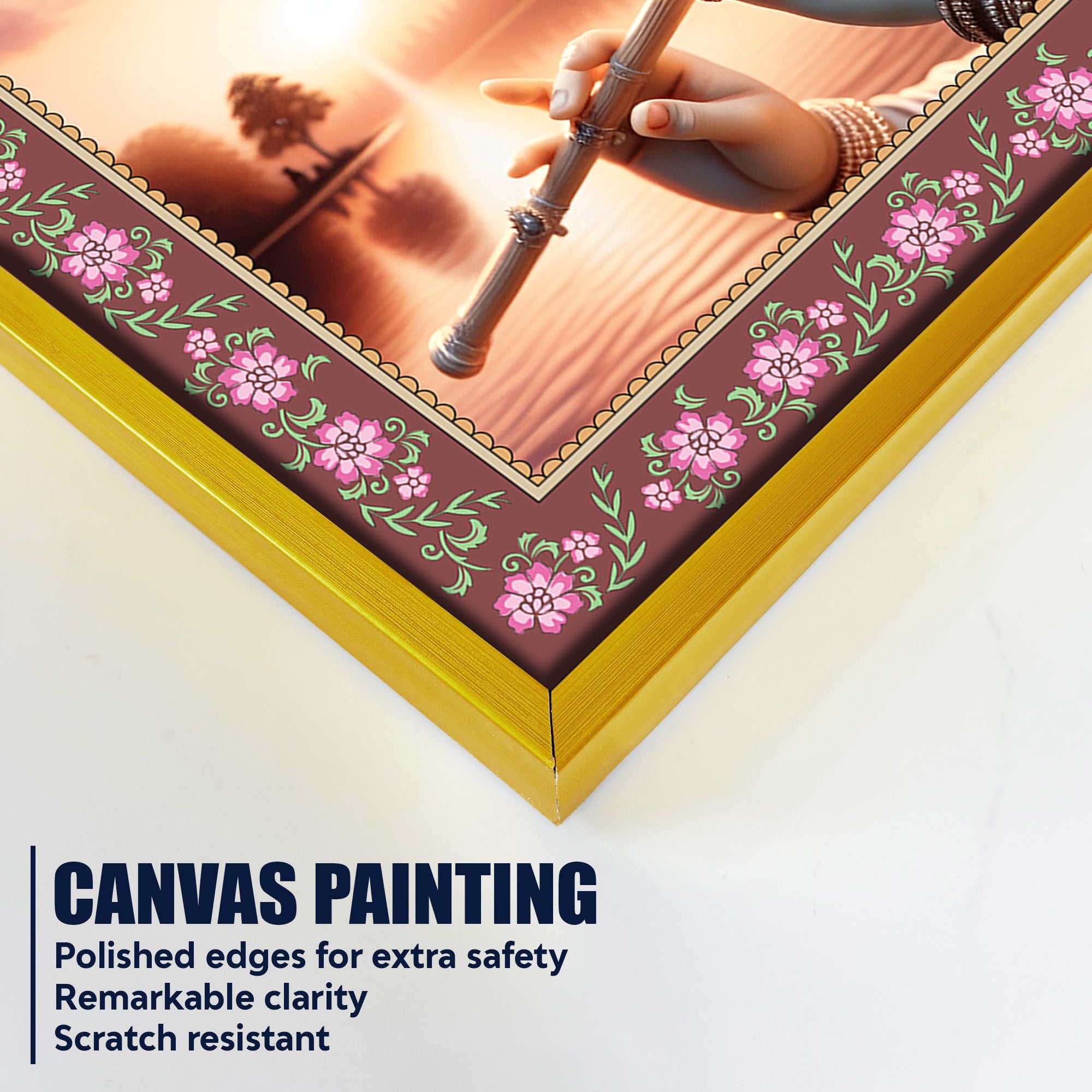Lord Krishna with Flute in Sunset Floral Border Canvas Wall Painting