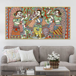 lord-krishna-with-gopis-madhubani-canvas-wall-painting