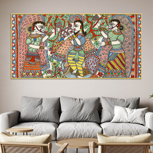 Lord Krishna with Gopis Madhubani Canvas Wall Painting