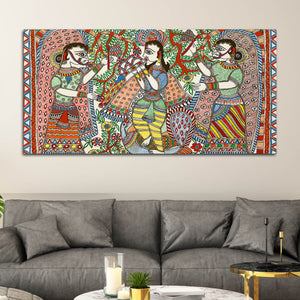 Lord Krishna with Gopis Madhubani Canvas Wall Painting