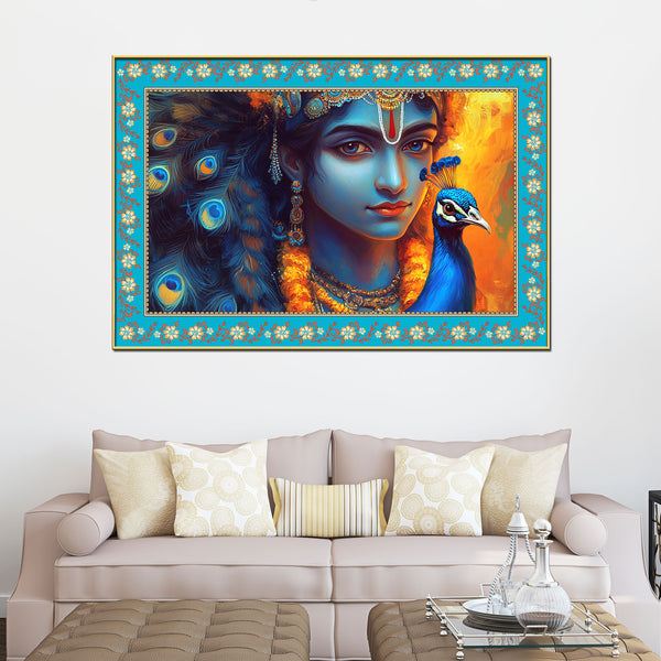 Lord Krishna with Peacock Floral Border Canvas Wall Painting