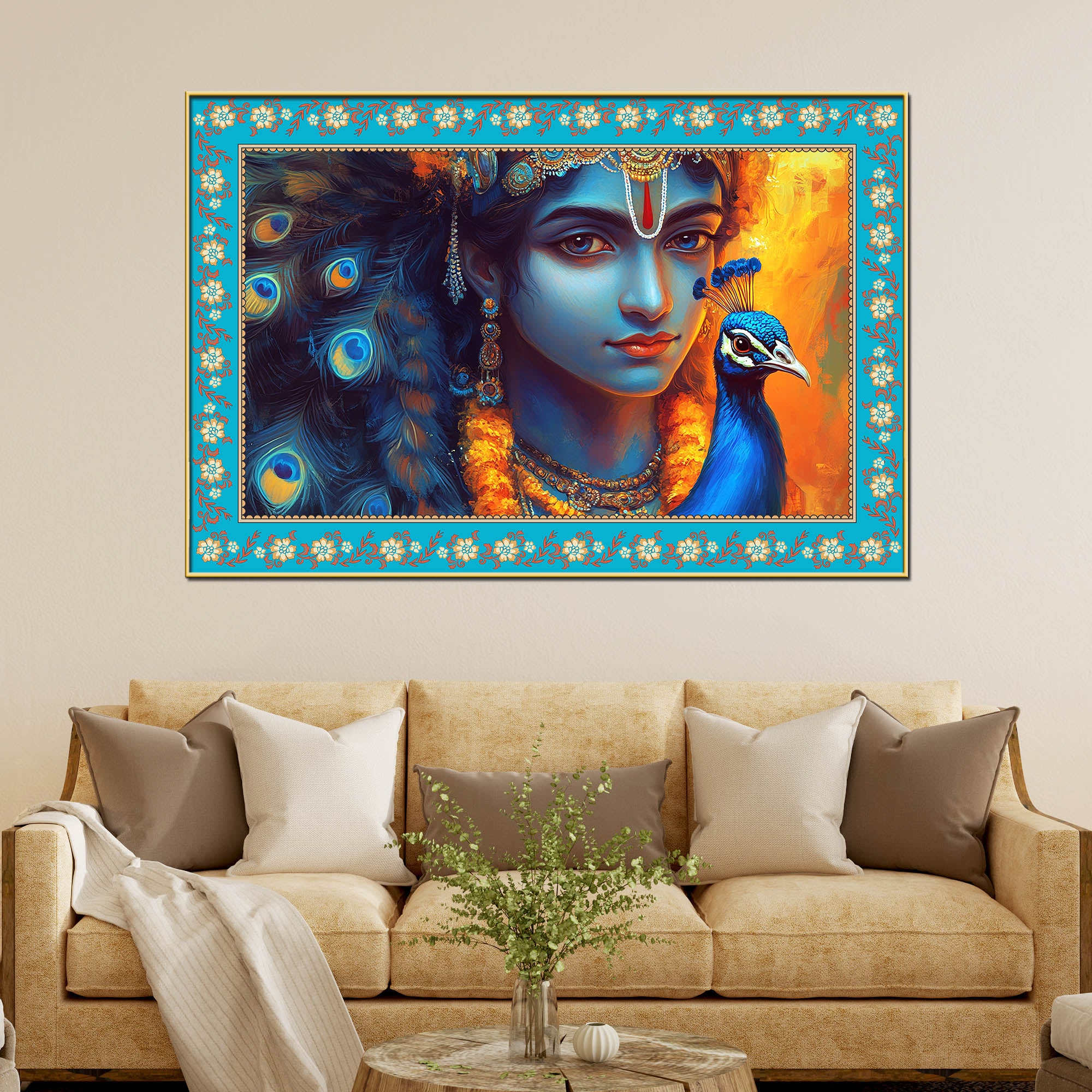 Lord Krishna with Peacock Floral Border Canvas Wall Painting