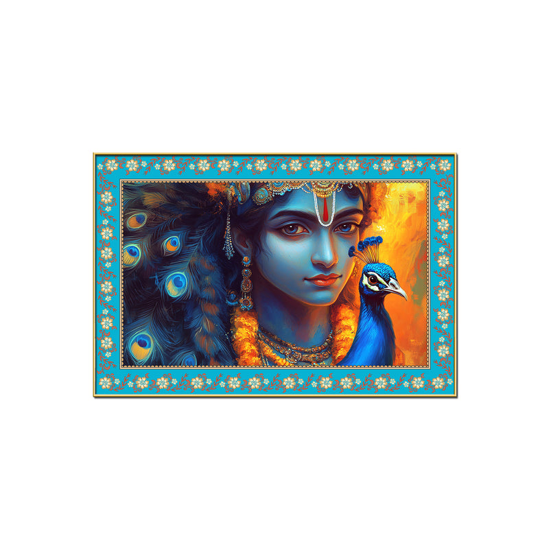 Lord Krishna with Peacock Floral Border Canvas Wall Painting