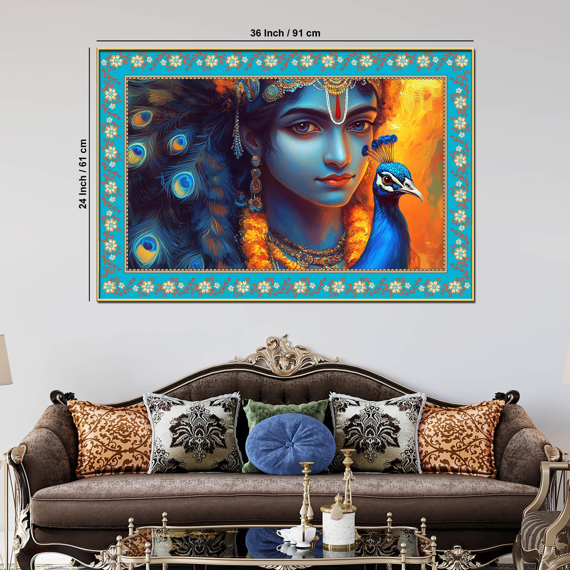 Lord Krishna with Peacock Floral Border Canvas Wall Painting