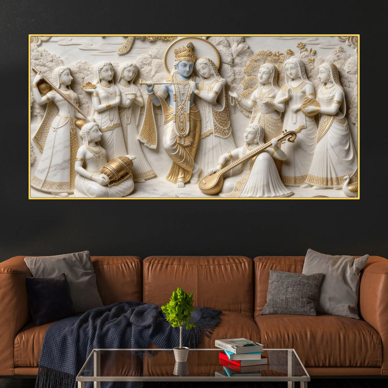 Lord Krishna with Radha and Gopis 3D Canvas Wall Painting