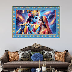 Lord Krishna with Radha Floral Border Canvas Wall Painting