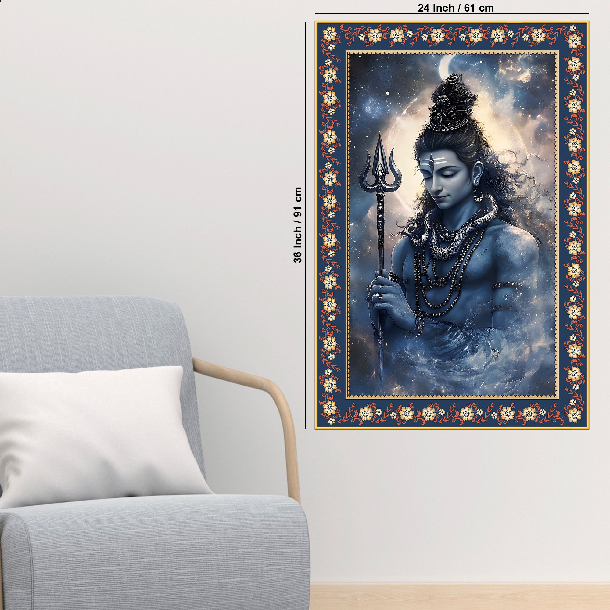 Lord Mahadev in Dramatic Sky Floral Border Vertical Wall Painting