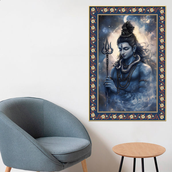 Lord Mahadev in Dramatic Sky Floral Border Vertical Wall Painting