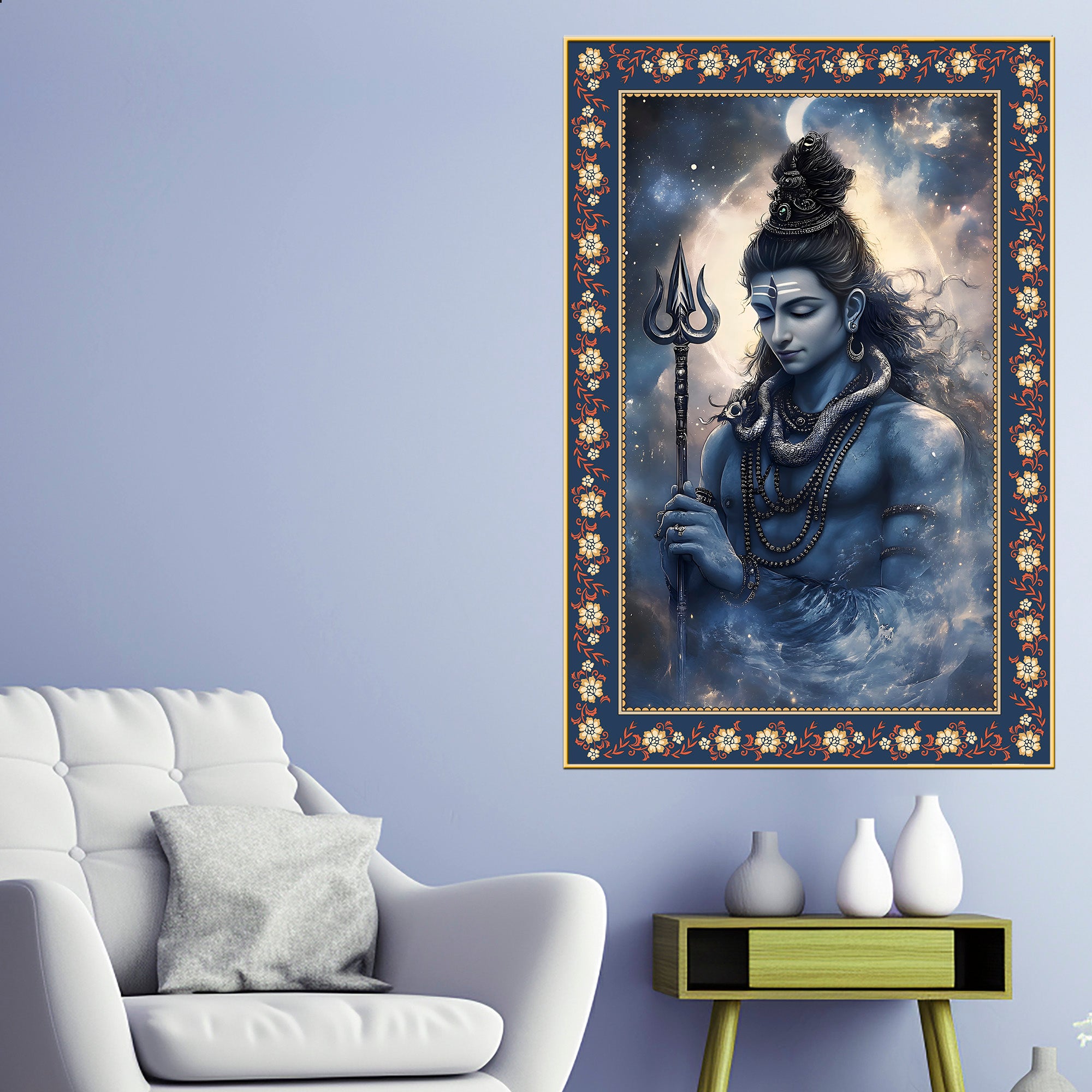 Lord Mahadev in Dramatic Sky Floral Border Vertical Wall Painting