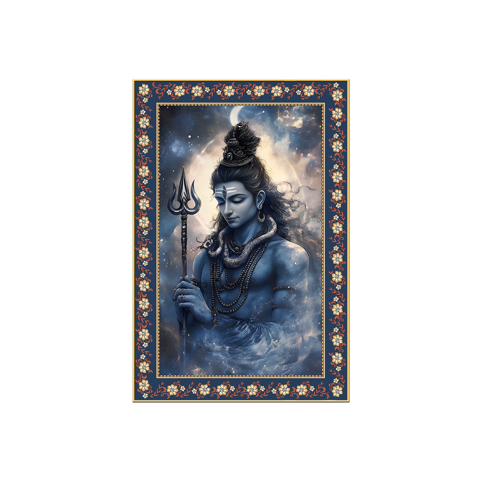 Lord Mahadev in Dramatic Sky Floral Border Vertical Wall Painting