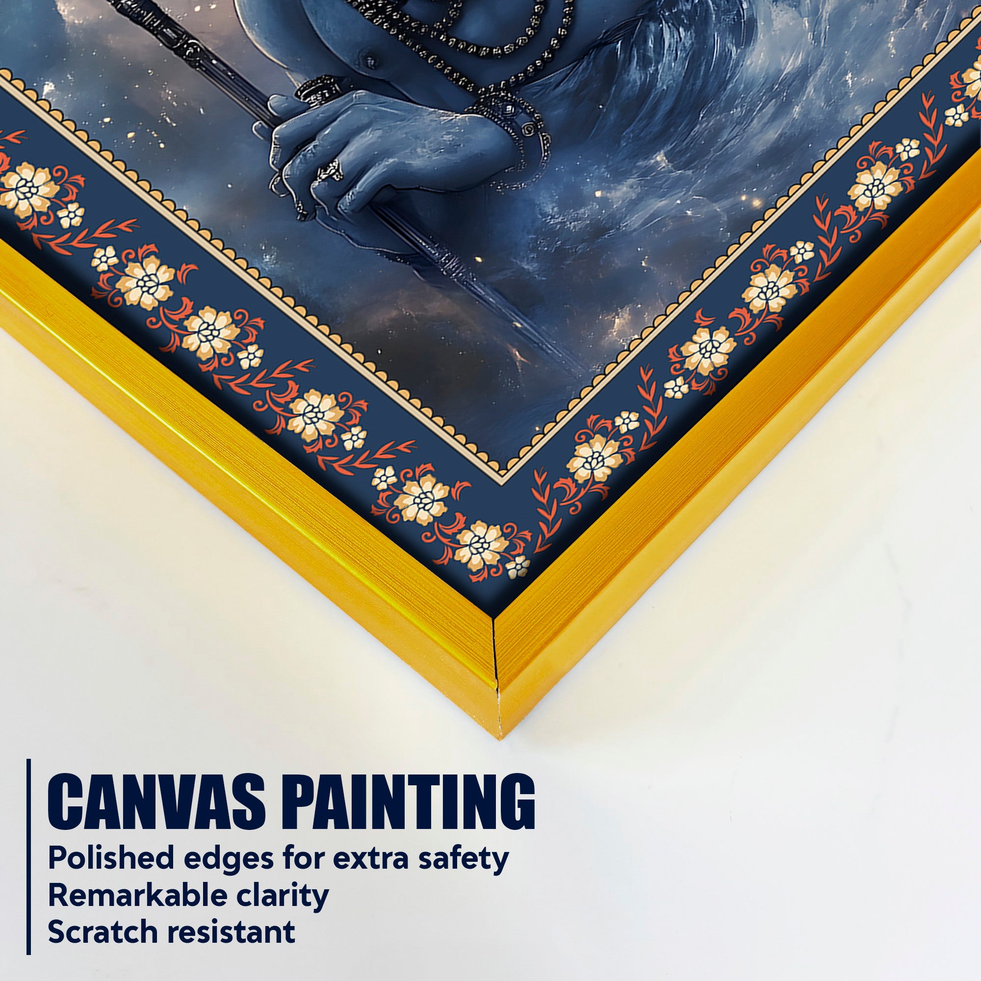 Lord Mahadev in Dramatic Sky Floral Border Vertical Wall Painting