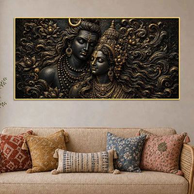 Lord Mahadev & Maa Parvati Divine Bond Metallic Look 3D Canvas Wall Painting