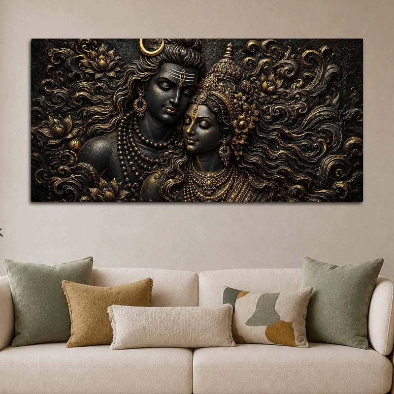 Lord Mahadev & Maa Parvati Divine Bond Metallic Look 3D Canvas Wall Painting