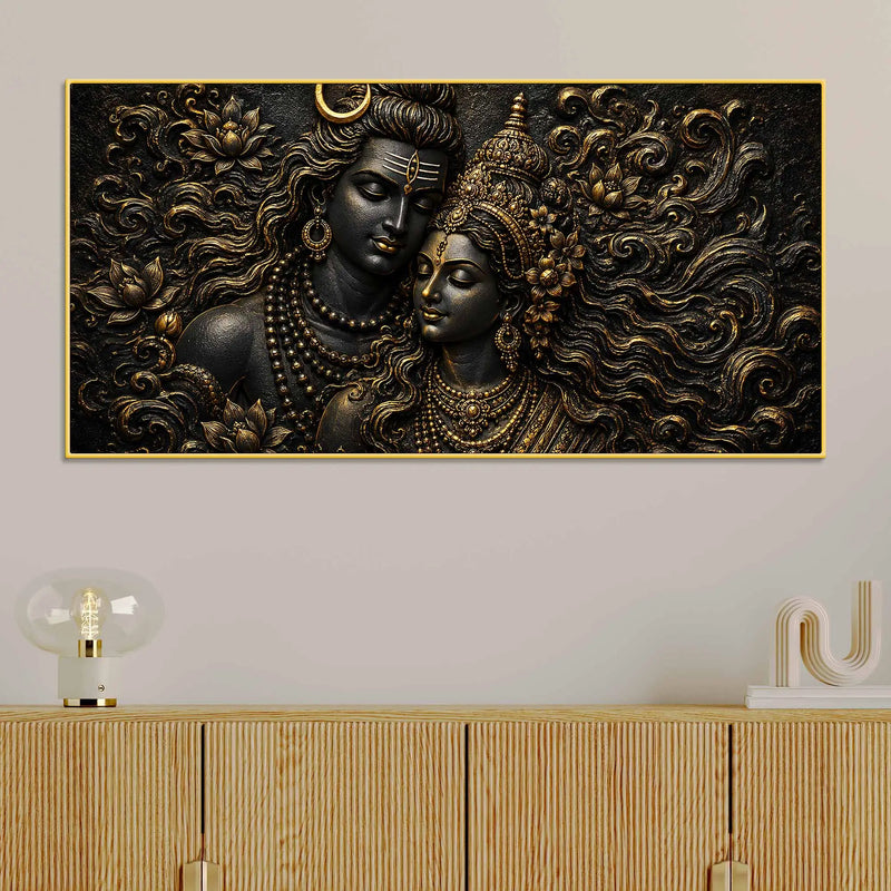 Lord Mahadev & Maa Parvati Divine Bond Metallic Look 3D Canvas Wall Painting