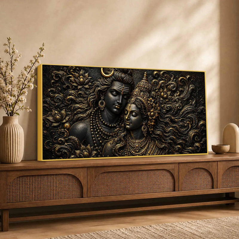 Lord Mahadev & Maa Parvati Divine Bond Metallic Look 3D Canvas Wall Painting