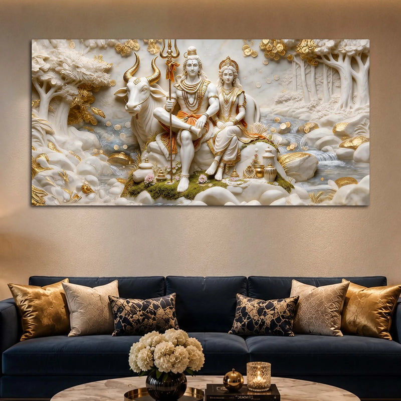 Lord Mahadev & Mata Parvati with Nandi 3D Canvas Wall Painting