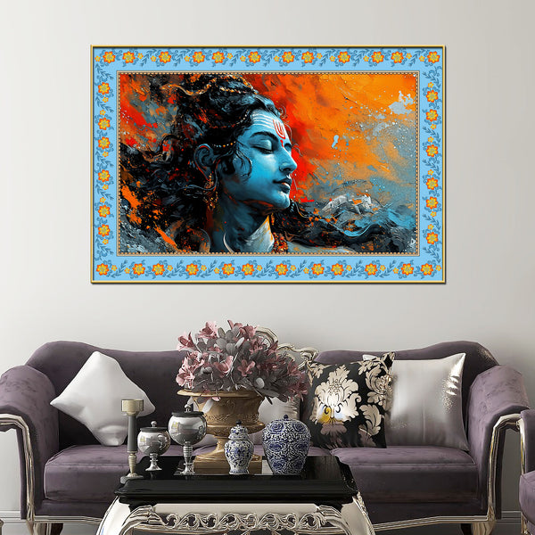 Lord Mahadev Modern Art Floral Border Canvas Wall Painting