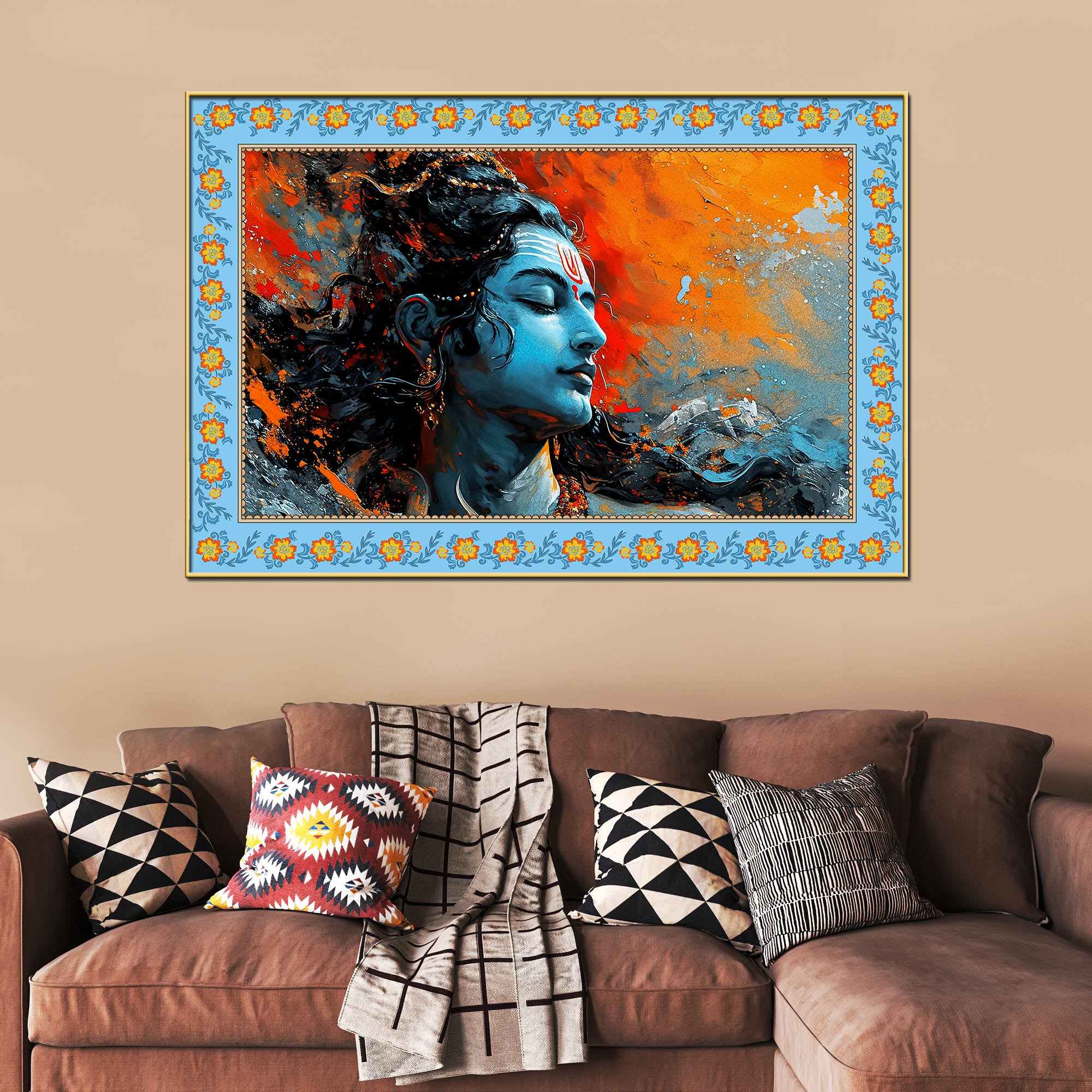 Lord Mahadev Modern Art Floral Border Canvas Wall Painting